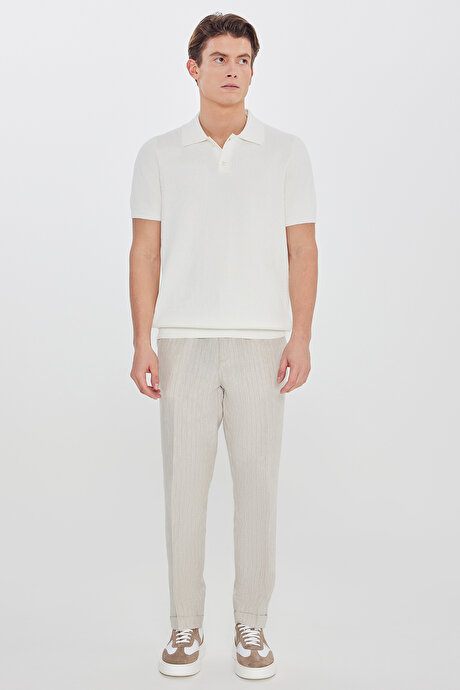 %100 Pamuk Standart Fit Normal Kesim Polo Yaka Jakarlı Triko Ekru Tişört resmi