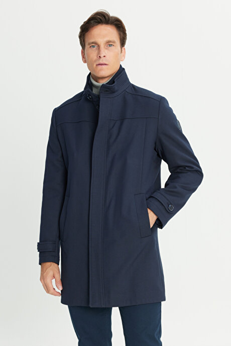 Yünlü Standart Fit Normal Kesim Dik Yaka Yan Cepli Lacivert Kaban resmi