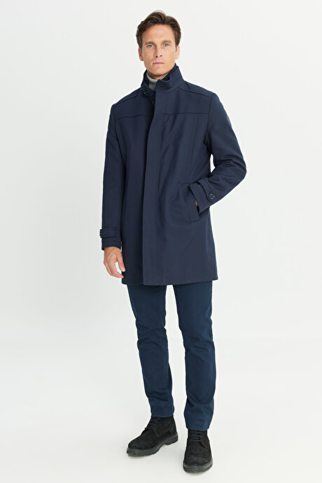 Yünlü Standart Fit Normal Kesim Dik Yaka Yan Cepli Lacivert Kaban resmi