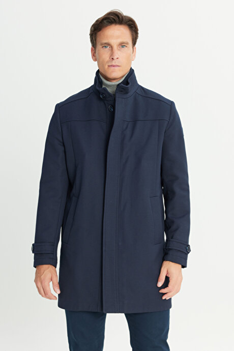 Yünlü Standart Fit Normal Kesim Dik Yaka Yan Cepli Lacivert Kaban resmi