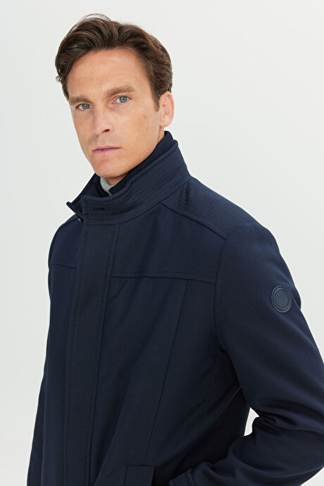 Yünlü Standart Fit Normal Kesim Dik Yaka Yan Cepli Lacivert Kaban resmi