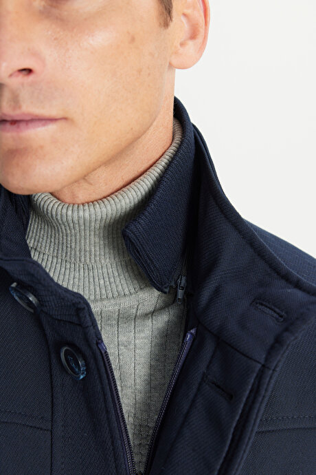 Yünlü Standart Fit Normal Kesim Dik Yaka Yan Cepli Lacivert Kaban resmi