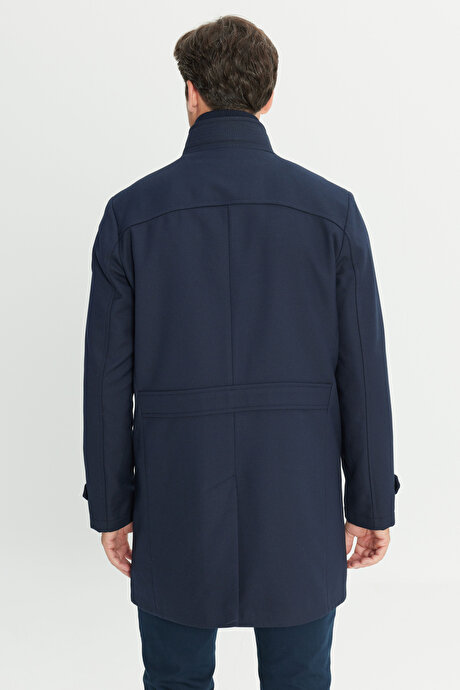 Yünlü Standart Fit Normal Kesim Dik Yaka Yan Cepli Lacivert Kaban resmi