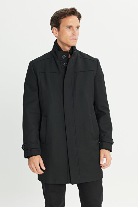 Yünlü Standart Fit Normal Kesim Dik Yaka Yan Cepli Siyah Kaban resmi