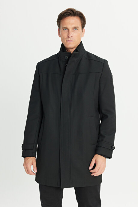 Yünlü Standart Fit Normal Kesim Dik Yaka Yan Cepli Siyah Kaban resmi