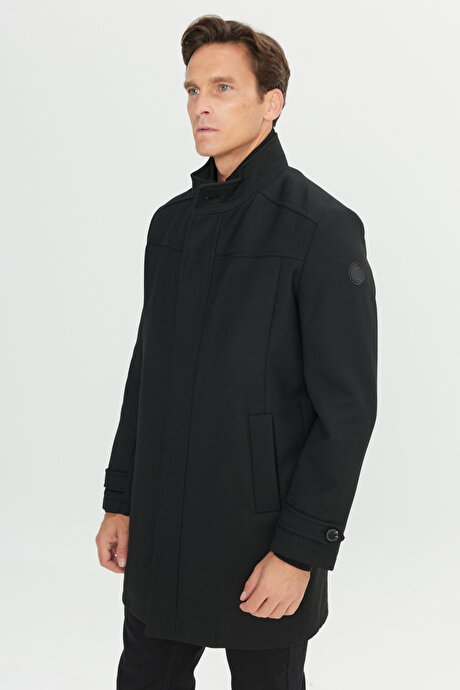 Yünlü Standart Fit Normal Kesim Dik Yaka Yan Cepli Siyah Kaban resmi