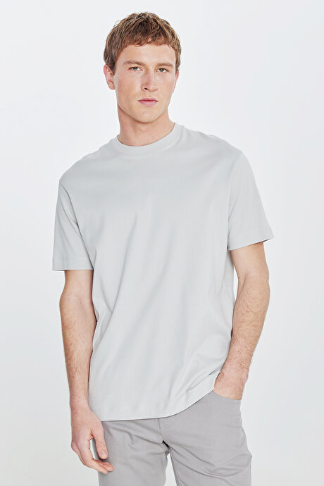 %100 Pamuk Modern Fit Bisiklet Yaka Basic Açık Gri Tişört resmi