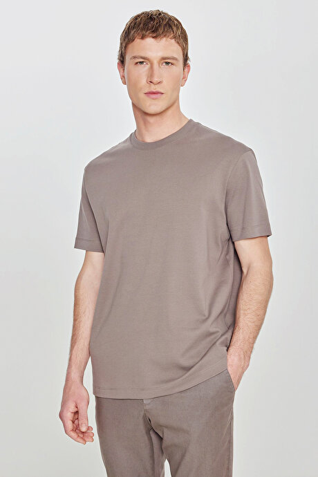 %100 Pamuk Modern Fit Bisiklet Yaka Basic Açık Kahve Tişört resmi