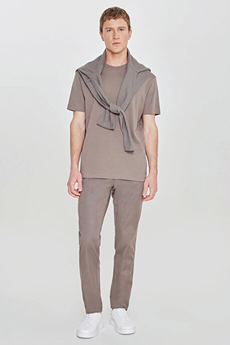 %100 Pamuk Modern Fit Bisiklet Yaka Basic Açık Kahve Tişört resmi