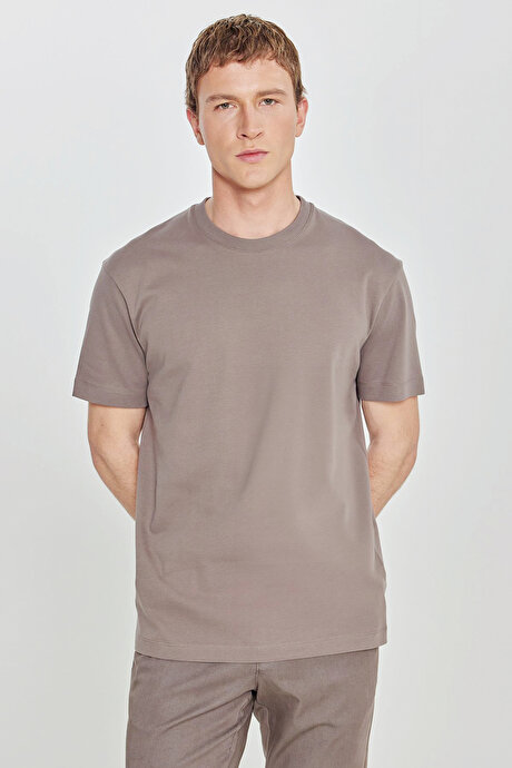 %100 Pamuk Modern Fit Bisiklet Yaka Basic Açık Kahve Tişört resmi