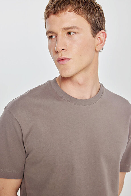 %100 Pamuk Modern Fit Bisiklet Yaka Basic Açık Kahve Tişört resmi