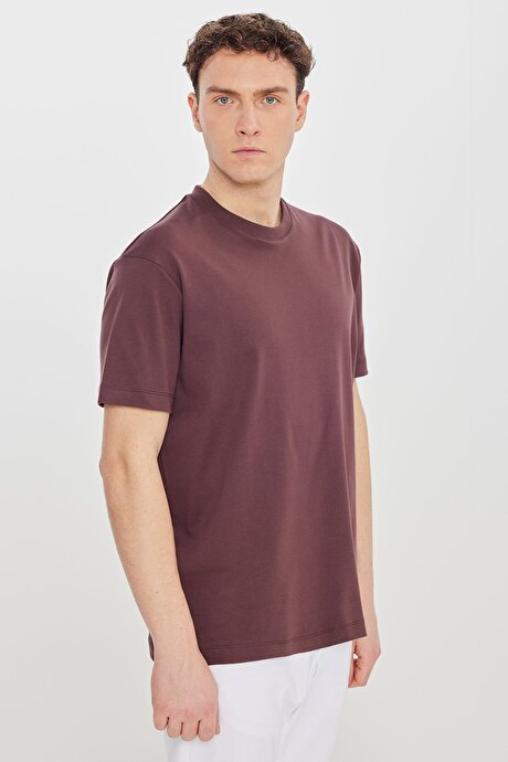 %100 Pamuk Modern Fit Bisiklet Yaka Basic Bordo Tişört resmi