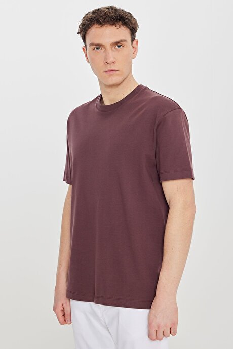 %100 Pamuk Modern Fit Bisiklet Yaka Basic Bordo Tişört resmi