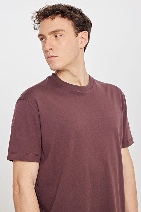 %100 Pamuk Modern Fit Bisiklet Yaka Basic Bordo Tişört resmi