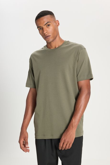 %100 Pamuk Modern Fit Bisiklet Yaka Basic Haki Tişört resmi