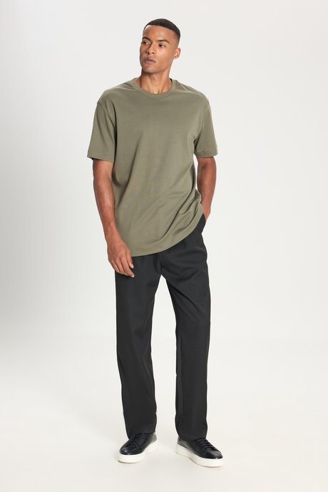 %100 Pamuk Modern Fit Bisiklet Yaka Basic Haki Tişört resmi