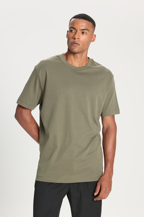 %100 Pamuk Modern Fit Bisiklet Yaka Basic Haki Tişört resmi