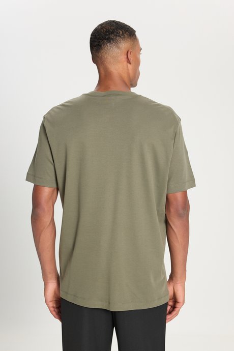 %100 Pamuk Modern Fit Bisiklet Yaka Basic Haki Tişört resmi