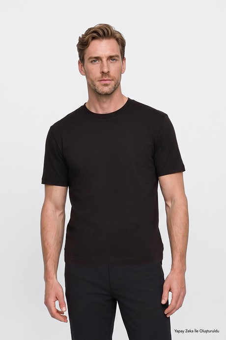 %100 Pamuk Modern Fit Bisiklet Yaka Basic Kahverengi Tişört resmi