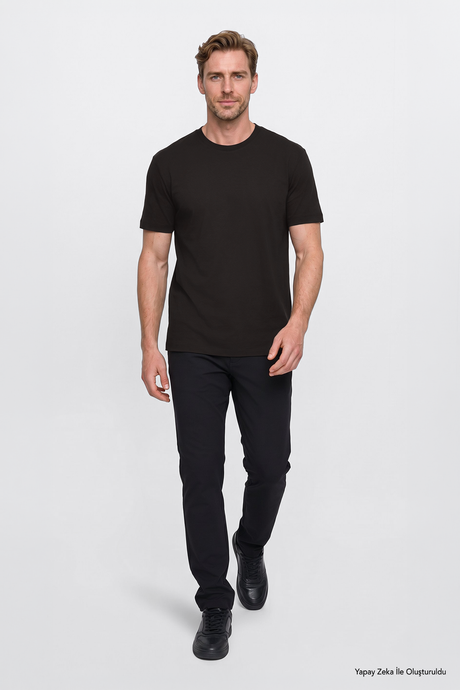 %100 Pamuk Modern Fit Bisiklet Yaka Basic Kahverengi Tişört resmi