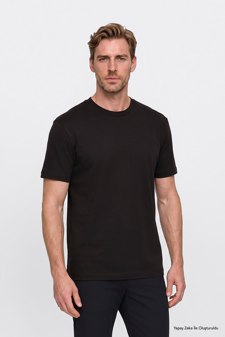 %100 Pamuk Modern Fit Bisiklet Yaka Basic Kahverengi Tişört resmi