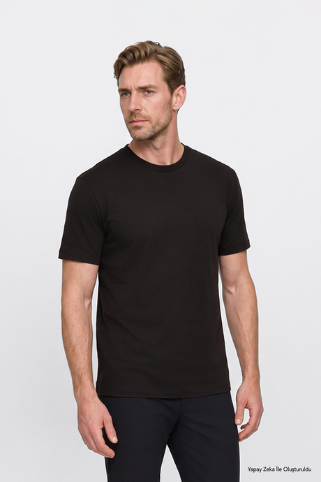 %100 Pamuk Modern Fit Bisiklet Yaka Basic Kahverengi Tişört resmi