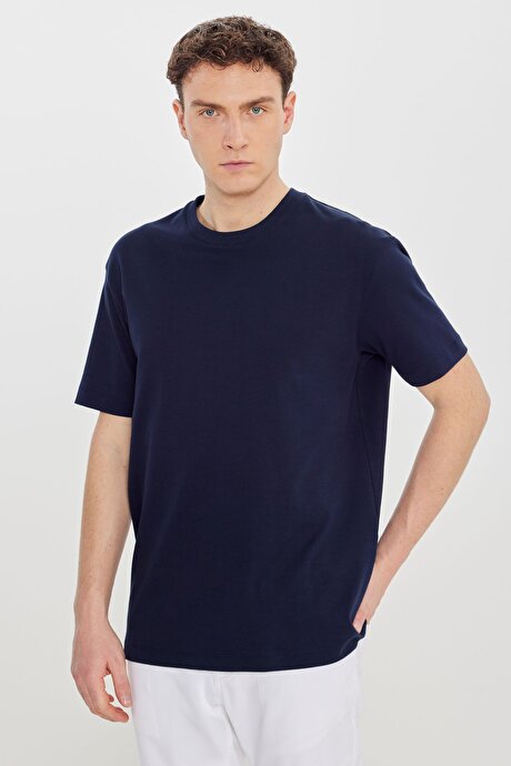 %100 Pamuk Modern Fit Bisiklet Yaka Basic Lacivert Tişört resmi