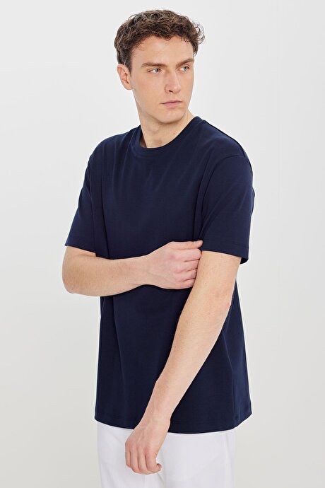 %100 Pamuk Modern Fit Bisiklet Yaka Basic Lacivert Tişört resmi