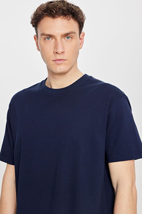 %100 Pamuk Modern Fit Bisiklet Yaka Basic Lacivert Tişört resmi