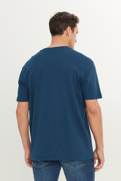%100 Pamuk Modern Fit Bisiklet Yaka Basic Petrol Tişört resmi