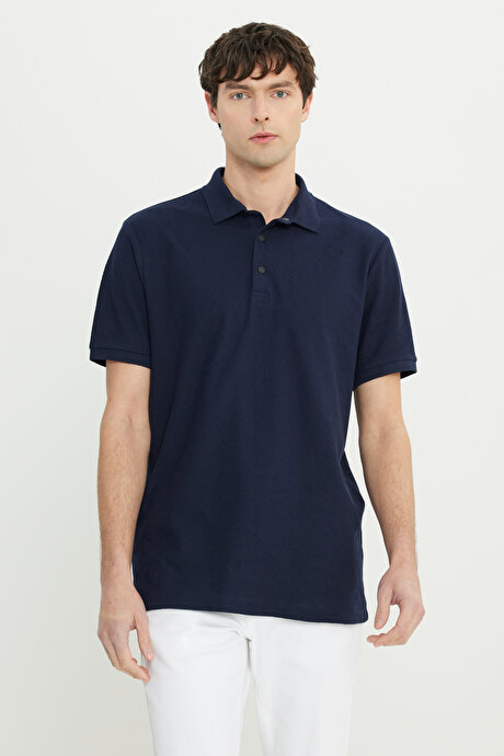 %100 Pamuk Comfort Fit Rahat Kesim Polo Yaka Jakarlı Lacivert Tişört resmi