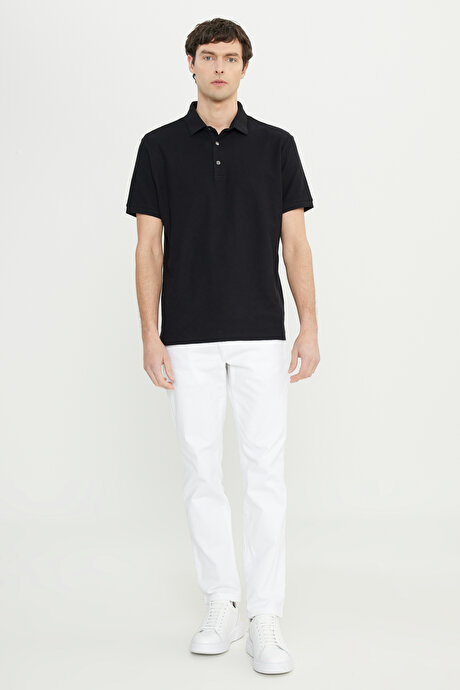 %100 Pamuk Comfort Fit Rahat Kesim Polo Yaka Jakarlı Siyah Tişört resmi