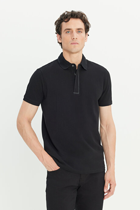 %100 Pamuk Slim Fit Dar Kesim Polo Yaka Siyah Tişört resmi