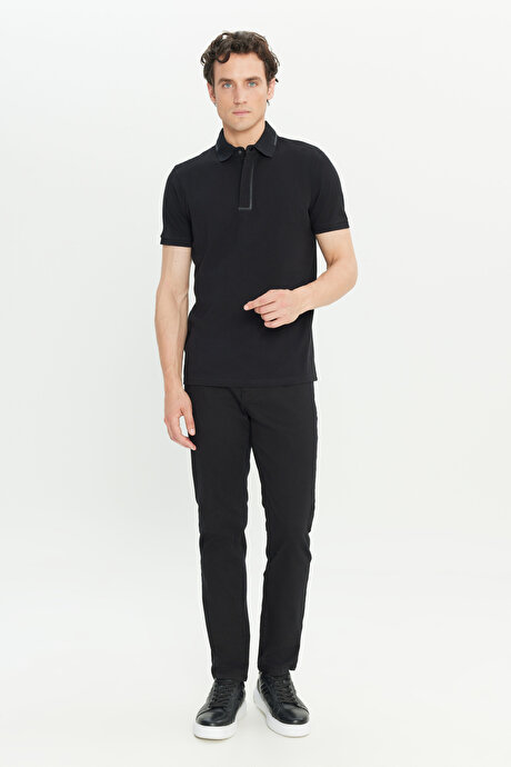 %100 Pamuk Slim Fit Dar Kesim Polo Yaka Siyah Tişört resmi