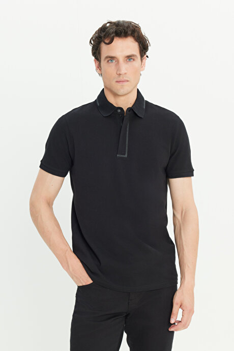 %100 Pamuk Slim Fit Dar Kesim Polo Yaka Siyah Tişört resmi