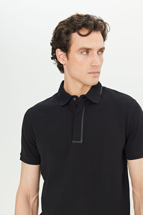 %100 Pamuk Slim Fit Dar Kesim Polo Yaka Siyah Tişört resmi