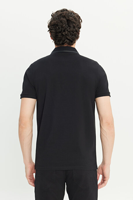 %100 Pamuk Slim Fit Dar Kesim Polo Yaka Siyah Tişört resmi