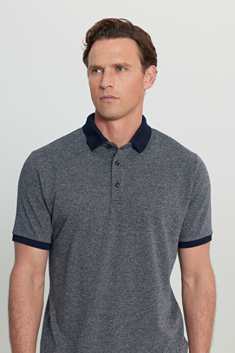 Pamuklu Comfort Fit Rahat Kesim Polo Yaka Jakarlı Lacivert Tişört resmi