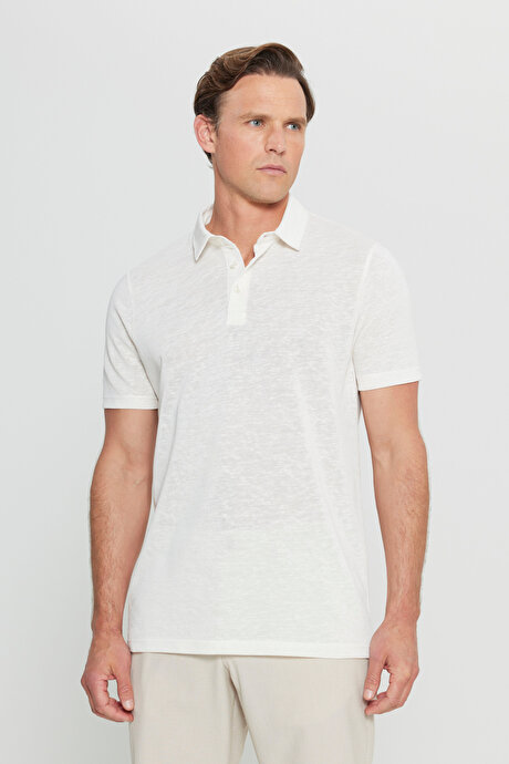 Pamuklu Slim Fit Dar Kesim Polo Yaka Ekru Tişört resmi