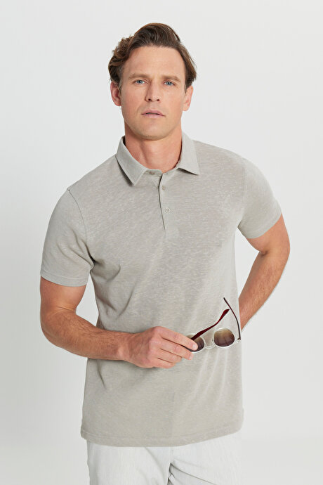Pamuklu Slim Fit Dar Kesim Polo Yaka Gri Tişört resmi