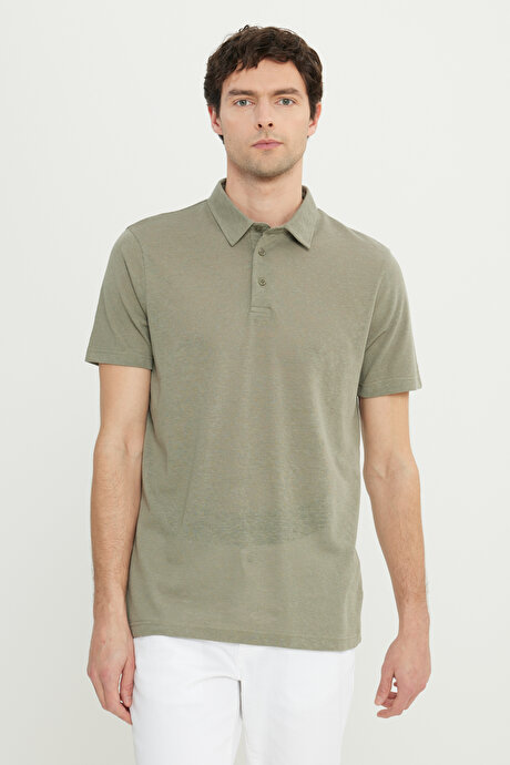 Pamuklu Slim Fit Dar Kesim Polo Yaka Haki Tişört resmi