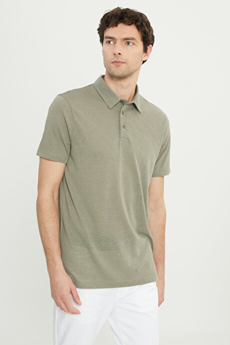 Pamuklu Slim Fit Dar Kesim Polo Yaka Haki Tişört resmi