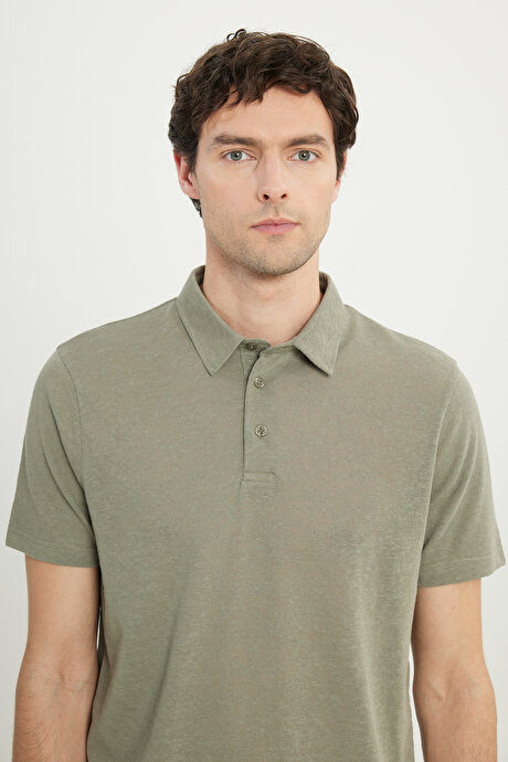 Pamuklu Slim Fit Dar Kesim Polo Yaka Haki Tişört resmi