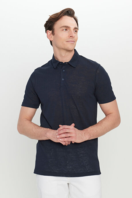 Pamuklu Slim Fit Dar Kesim Polo Yaka Lacivert Tişört resmi