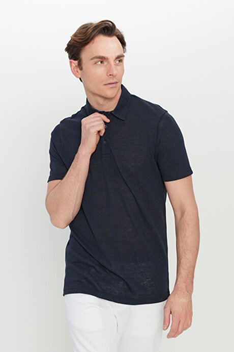 Pamuklu Slim Fit Dar Kesim Polo Yaka Lacivert Tişört resmi