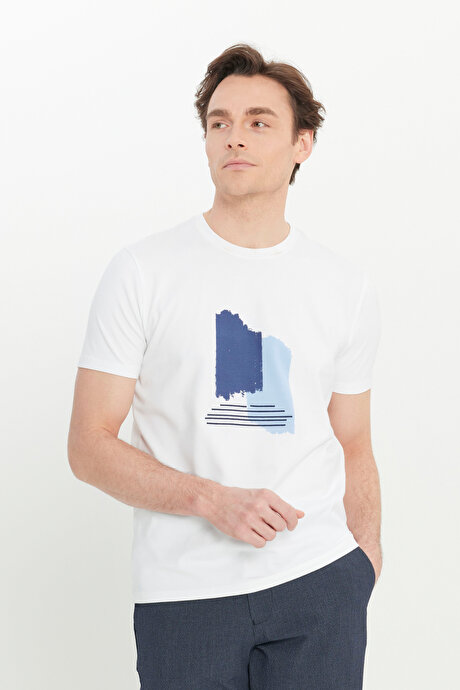 Pamuklu Slim Fit Dar Kesim Bisiklet Yaka Baskılı Esnek Beyaz Tişört resmi