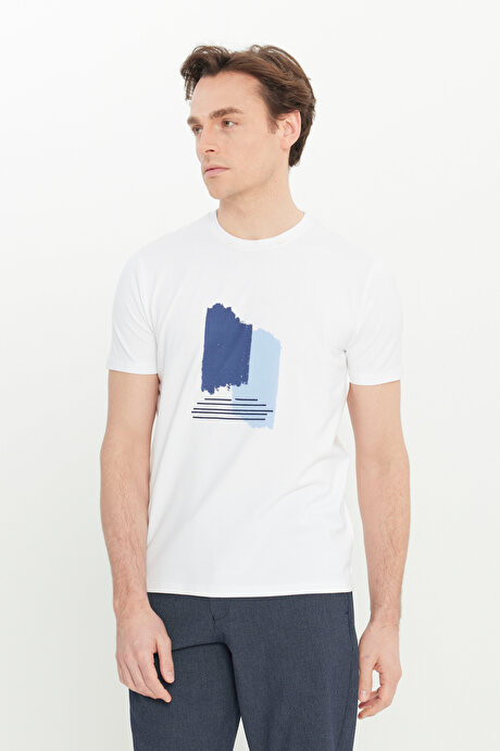 Pamuklu Slim Fit Dar Kesim Bisiklet Yaka Baskılı Esnek Beyaz Tişört resmi