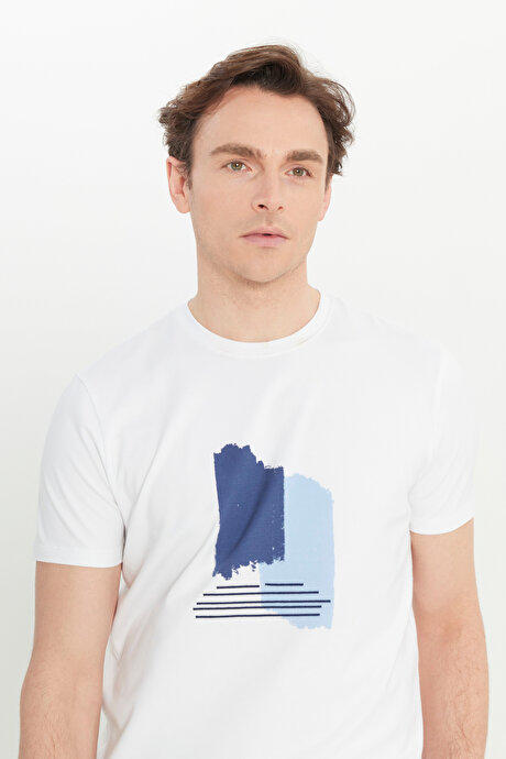 Pamuklu Slim Fit Dar Kesim Bisiklet Yaka Baskılı Esnek Beyaz Tişört resmi