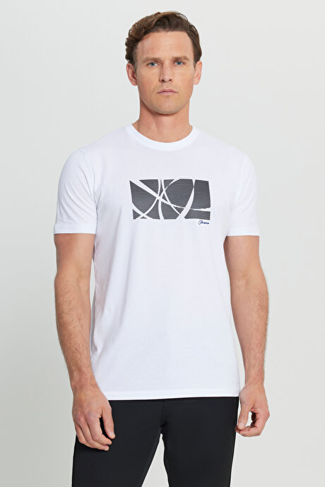 Pamuklu Slim Fit Dar Kesim Bisiklet Yaka Baskılı Esnek Beyaz Tişört resmi