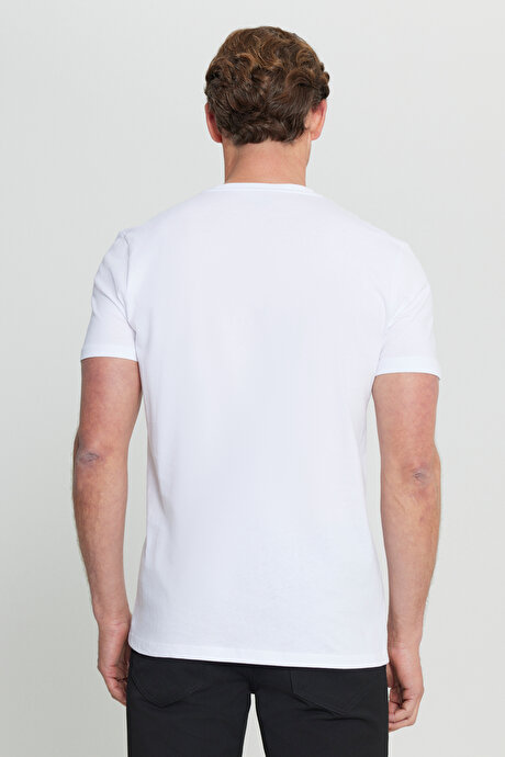 Pamuklu Slim Fit Dar Kesim Bisiklet Yaka Baskılı Esnek Beyaz Tişört resmi